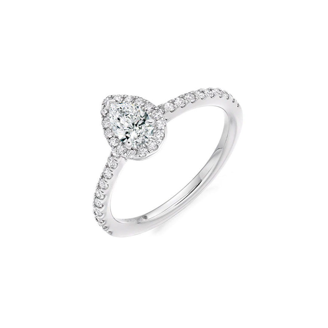 Platinum Pear Cut Halo Diamond Ring with Diamond Shoulders