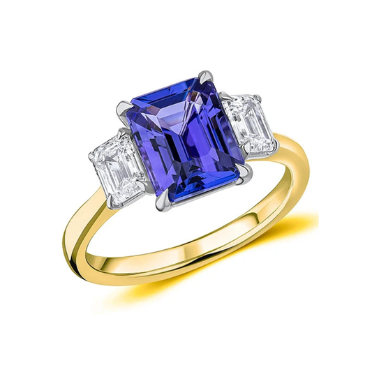 18ct Yellow Gold Emerald Cut 2.50ct Tanzanite and Emerald Cut Diamond Ring