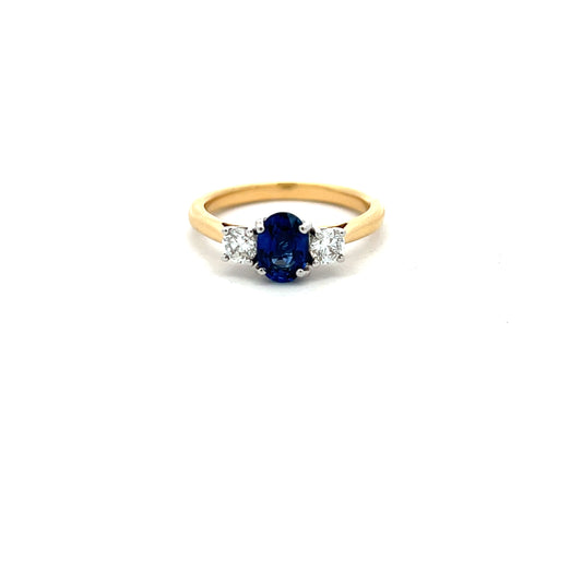 18ct Yellow Gold Sapphire and Three Stone Diamond Ring Size M