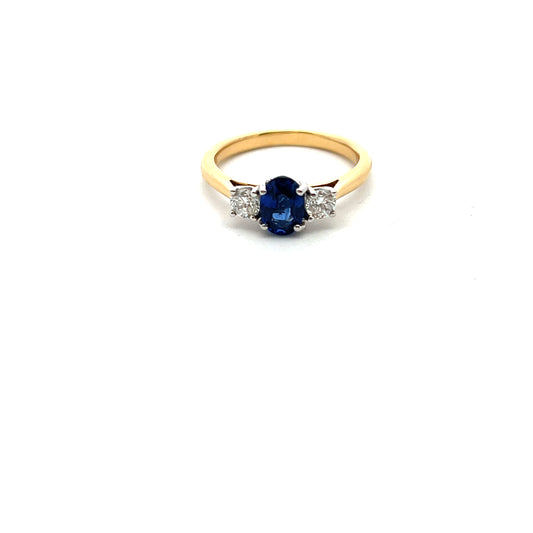 18ct Yellow Gold Sapphire and Three Stone Diamond Ring Size M