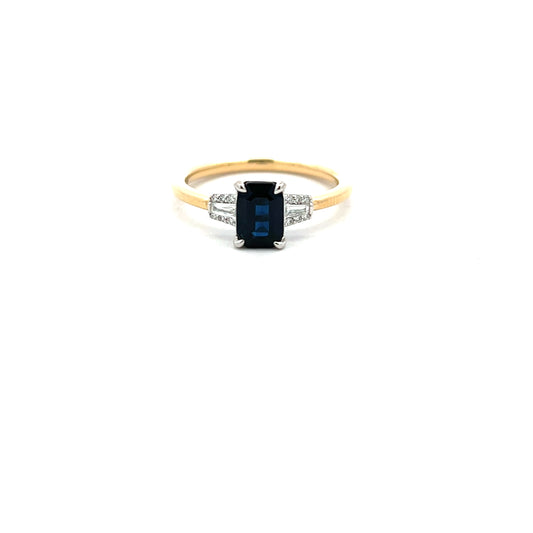 18ct Yellow Gold Emerald Cut Sapphire and Diamond Ring Size M