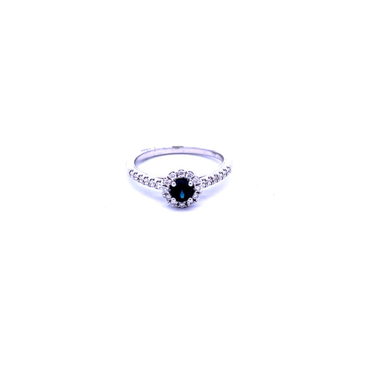18ct White Gold Sapphire and Diamond Halo Ring with Diamond Shoulders