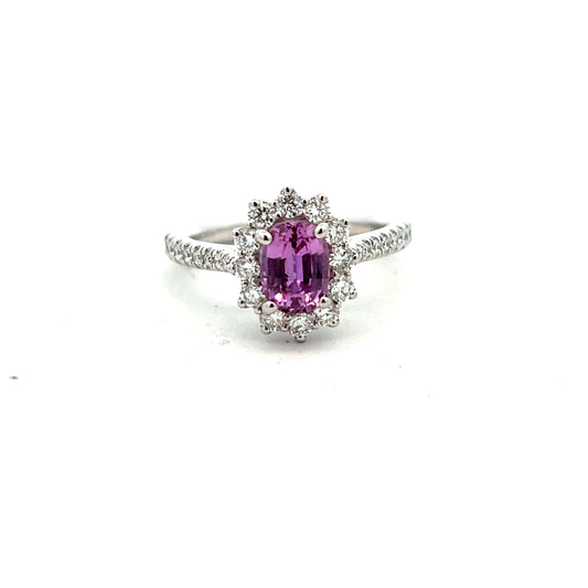 Platinum Oval Pink Sapphire and Diamond Cluster Ring Size M