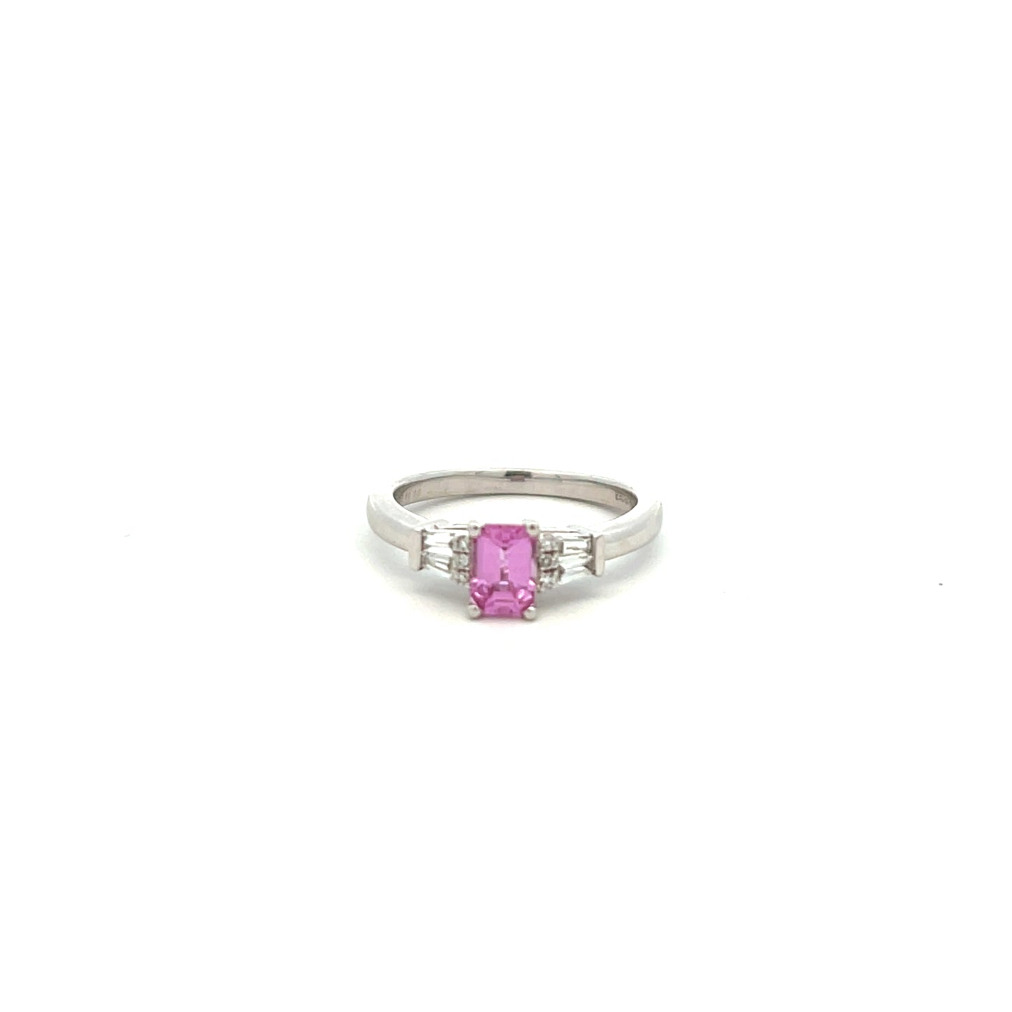 Platinum Pink Sapphire and Diamond Three Stone Ring Size L