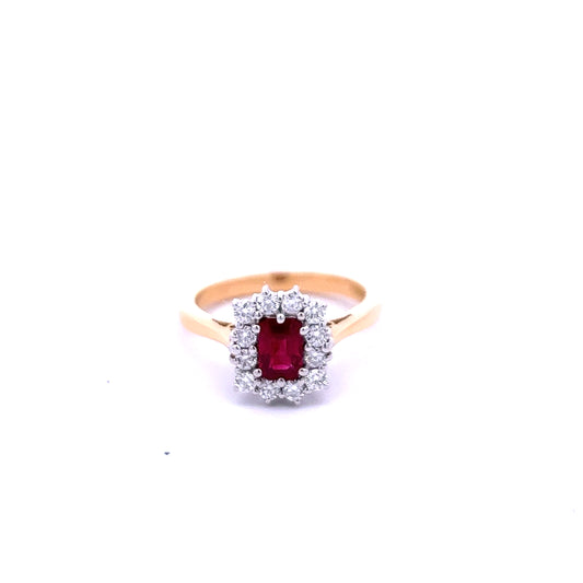 18ct Yellow Gold Emerald Cut Ruby and Diamond Cluster Ring