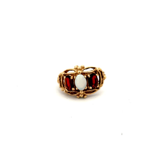 Pre-Owned Garnet And Opal Three Stone Ring 9ct Gold Size M