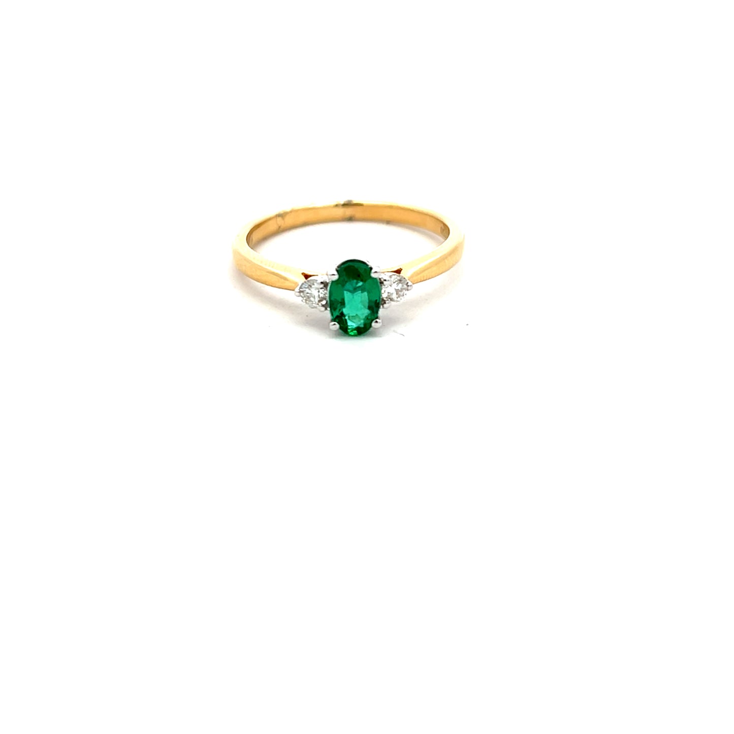 18ct Yellow Gold Emerald and Diamond Three Stone Ring Size N