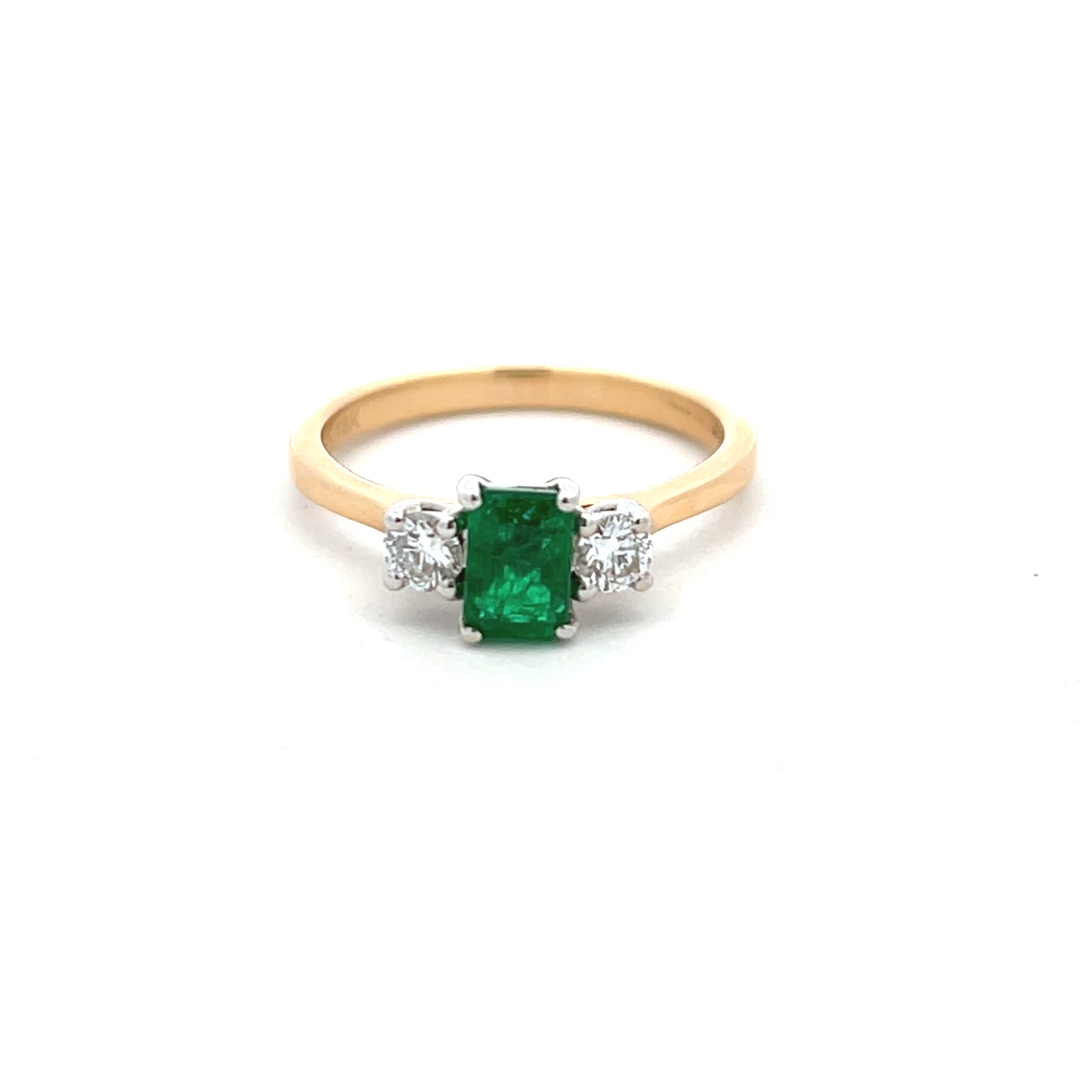 18ct Yellow Gold Rectangular Emerald Brilliant Cut Diamond Three Stone Ring