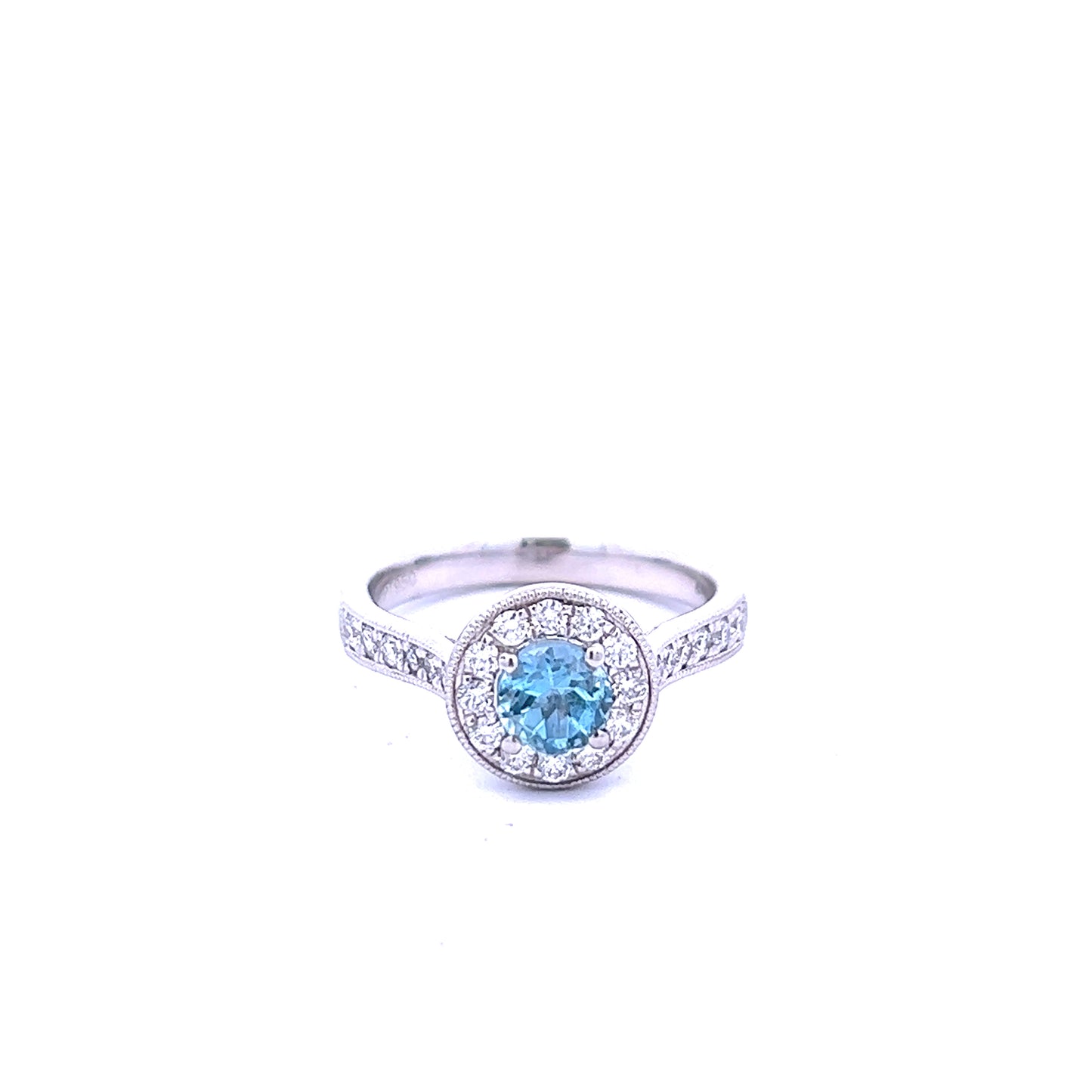 Platinum Aquamarine and Diamond Halo Ring with Diamond Shoulders