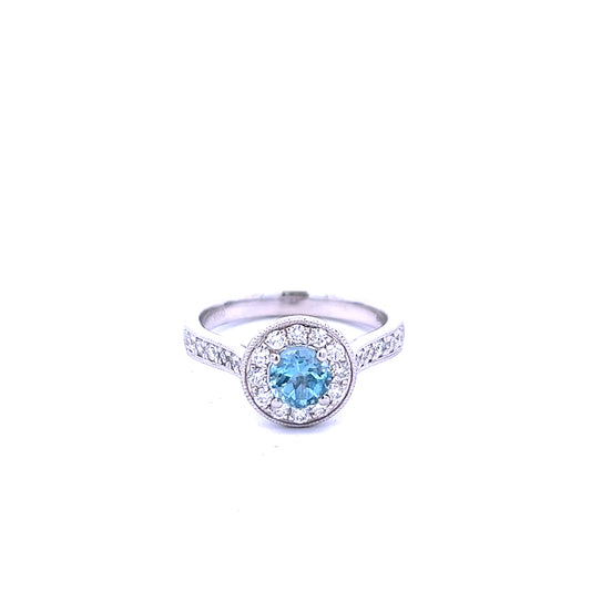 Platinum Aquamarine and Diamond Halo Ring with Diamond Shoulders