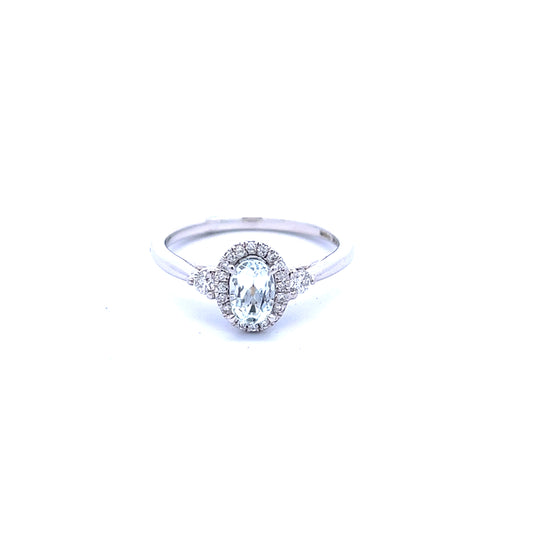 9ct White Gold Aquamarine and Diamond Halo Ring with Diamond Shoulders