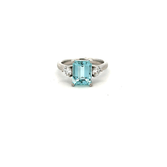 Platinum Emerald Cut Aquamarine and Diamond Ring Size L