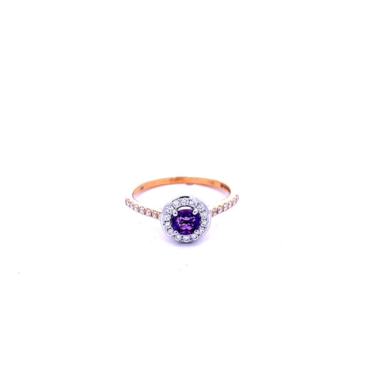 18ct Yellow Gold Amethyst and Diamond Halo Ring with Diamond Shoulders