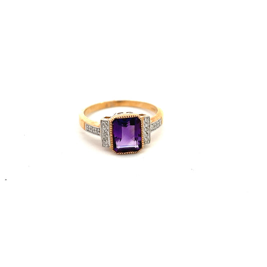9ct Yellow Gold Amethyst And Diamond Ring Size N