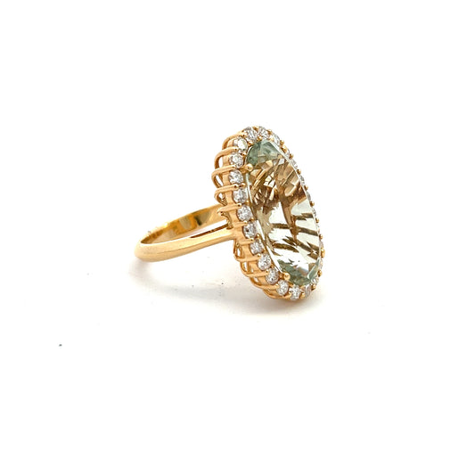 18ct Yellow Gold Green Amethyst And Diamond Oval Ring Size N