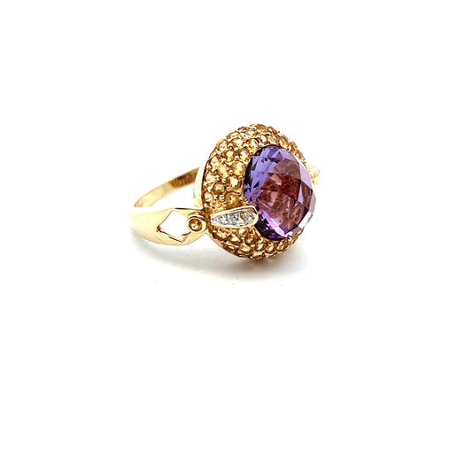 Pre-Owned 9ct Yellow Gold Citrine, Amethyst And Diamond Cluster Ring Size P