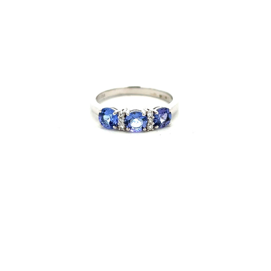 9ct White Gold Three Tanzanite And Diamond Ring Size M