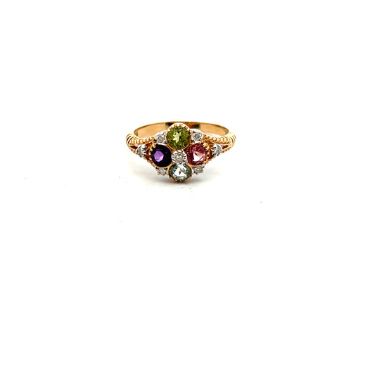 9ct Yellow Gold Amethyst, Diamond, Peridot, Pink Tourmaline and Blue Topaz Ring N