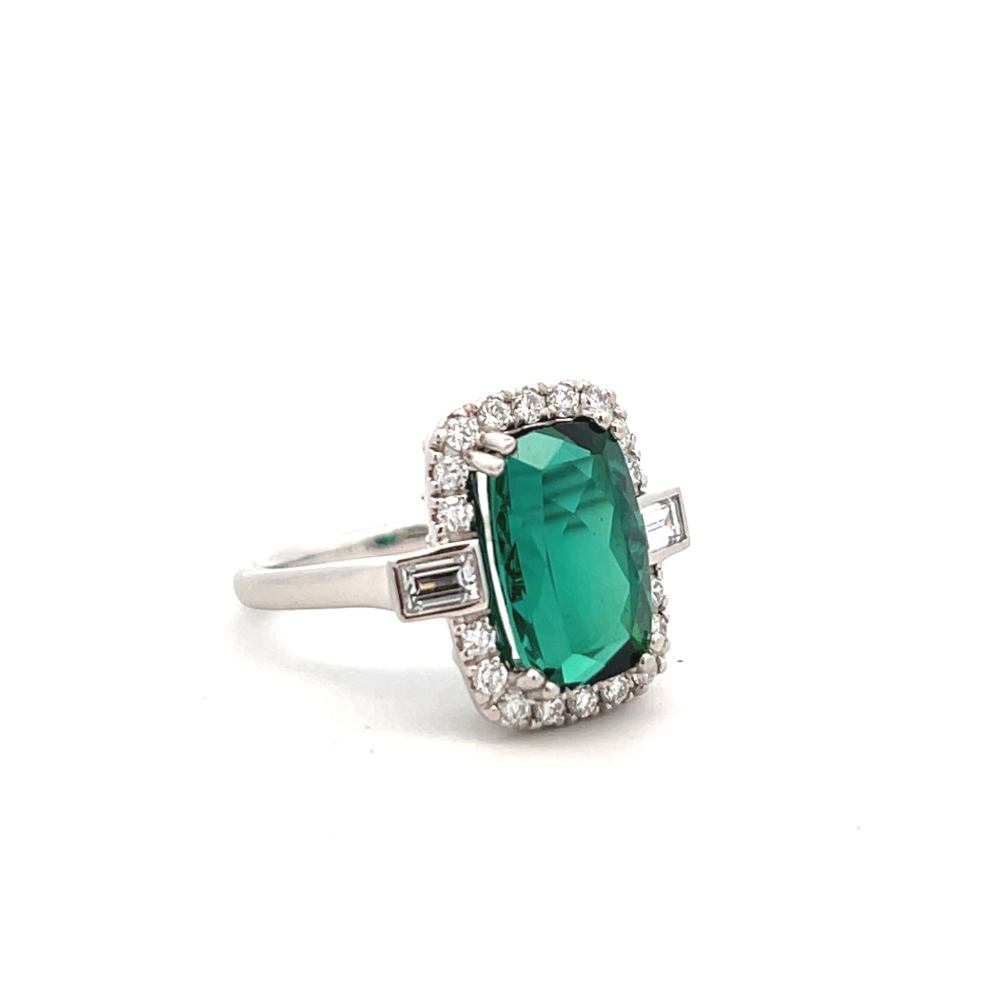 Platinum Green Tourmaline and Diamond Cluster Ring Size O