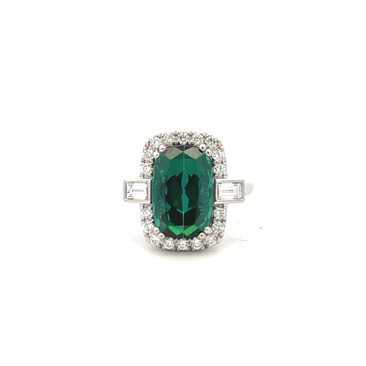 Platinum Green Tourmaline and Diamond Cluster Ring Size O