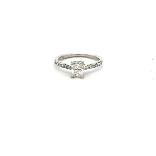 Platinum 0.55ct Radiant Cut Diamond Ring with Brilliant Cut Diamond Shoulders Size M