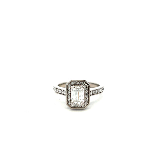 Platinum Laboratory Grown Diamond Emerald Cut Halo and Diamond Shoulders Ring Size N