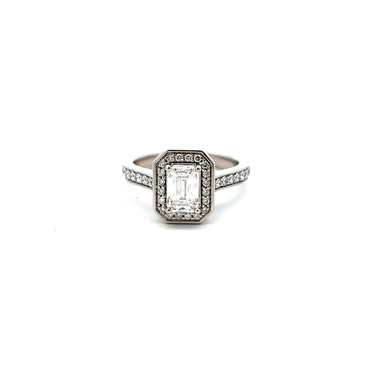 Platinum Laboratory Grown Diamond Emerald Cut Halo and Diamond Shoulders Ring Size N