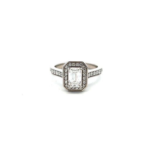Platinum Laboratory Grown Diamond Emerald Cut Halo and Diamond Shoulders Ring Size N