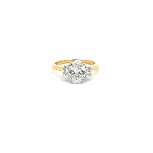 18ct Yellow Gold Laboratory Grown Diamond Oval and Demi Lune Cut Three Stone Ring Size M