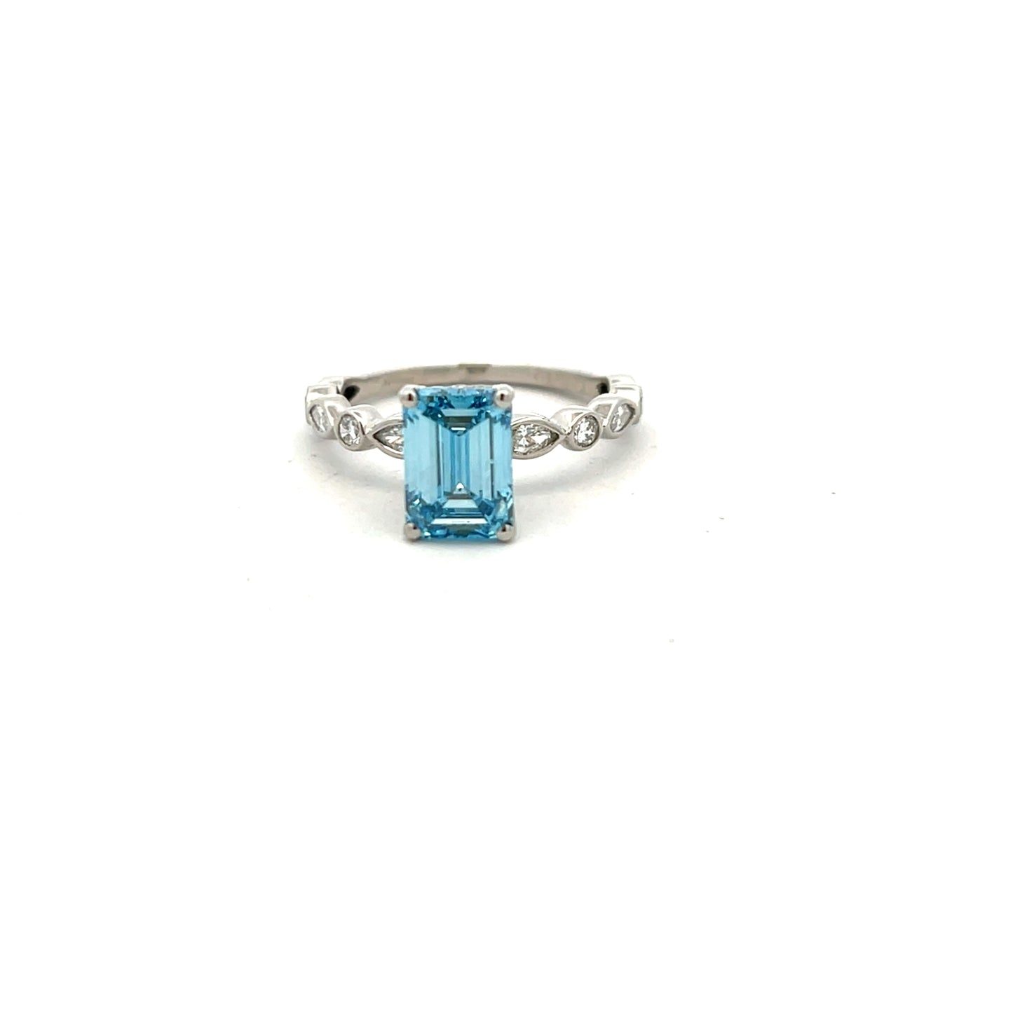 Platinum Laboratory Grown Blue Emerald Cut and Laboratory Grown Diamond Ring