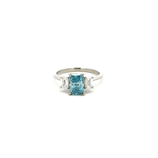 Platinum Laboratory Grown Emerald Cut Blue and White Diamond Ring
