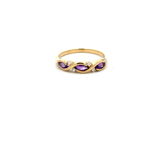 9ct Yellow Gold Marquise Amethyst and Diamond Ring Size O