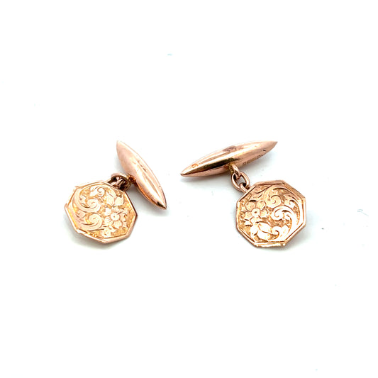 Pre-Owned 9ct Rose Gold Hexagonal Hand Engraved Chain Cufflinks