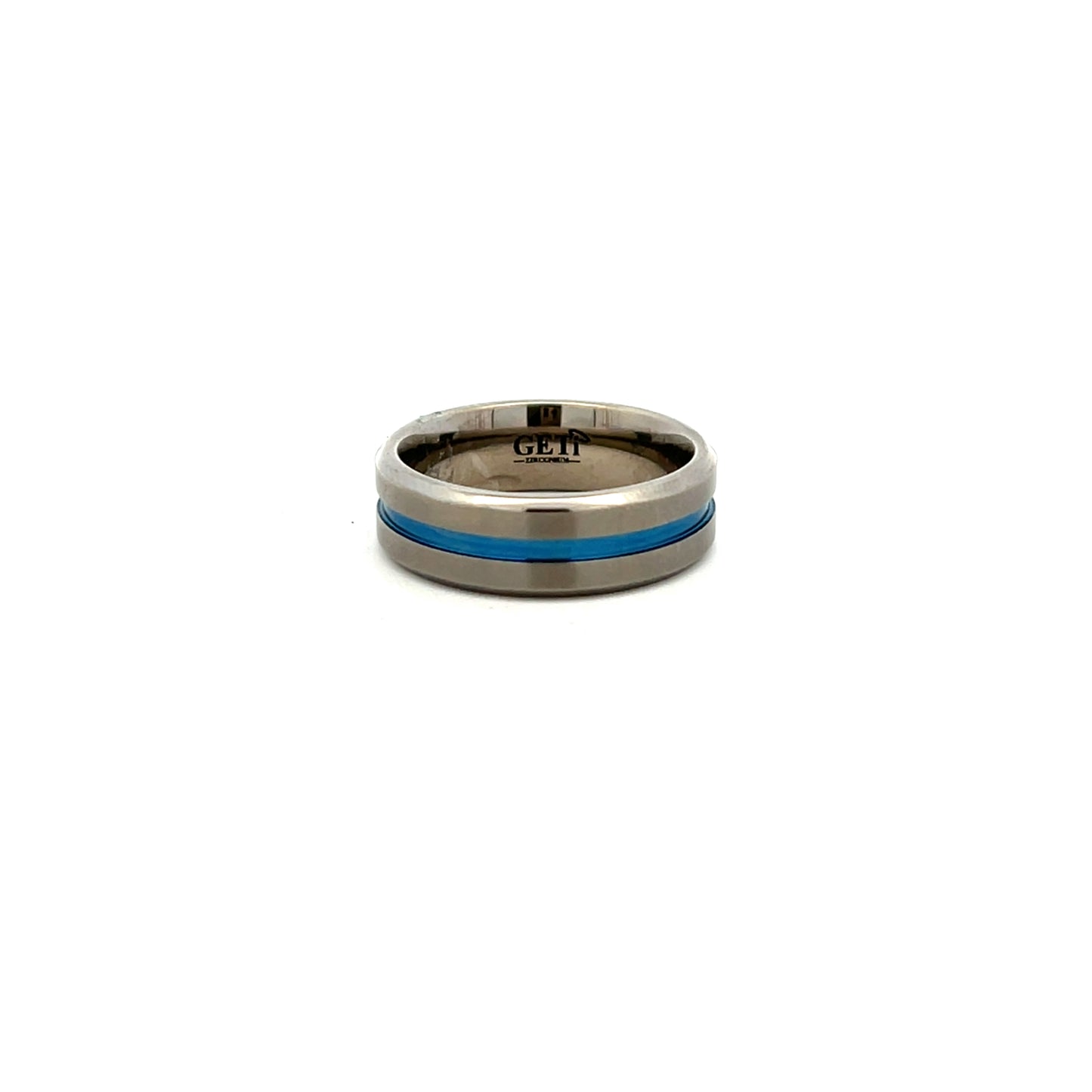 Geti Zirconium Ring with Polished Chamfers Centre Roman Numeral Blue Line Size S
