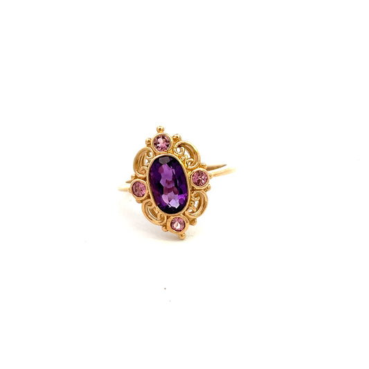 9ct Yellow Gold Amethyst And Pink Tourmaline Decorative Ring Size N