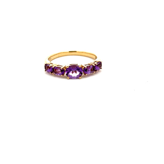 9ct Yellow Gold Five Graduated Oval Cut Amethyst Ring Size O