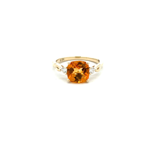 9ct Yellow Gold Cushion Cut Citrine and Diamond Ring Size N
