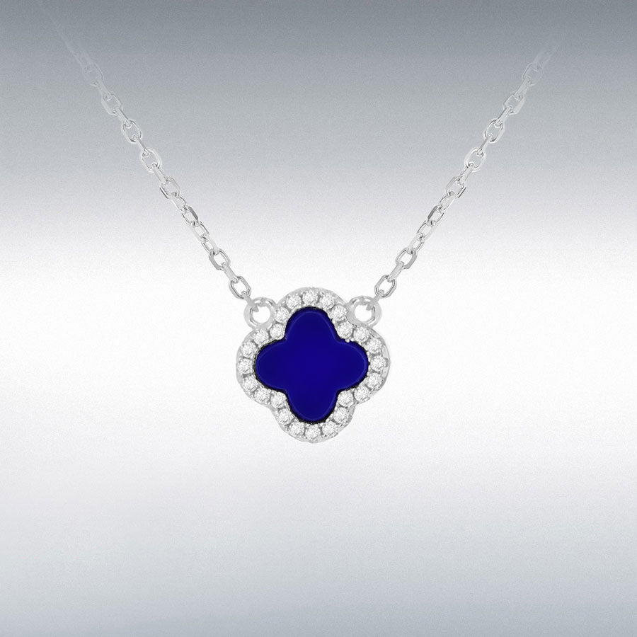 Sterling Silver Synthetic Blue Lazurite & Cubic Zirconia Four Petal Necklace