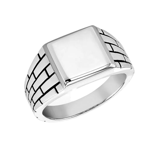 Sterling Silver Square with Matte Brick Pattern Signet Ring Size T