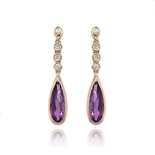 9ct Rose Gold Amethyst And Diamond Drop Earrings