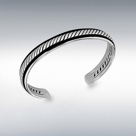 Sterling Silver Torq Bangle with Twist Centre and Inset Black Leather