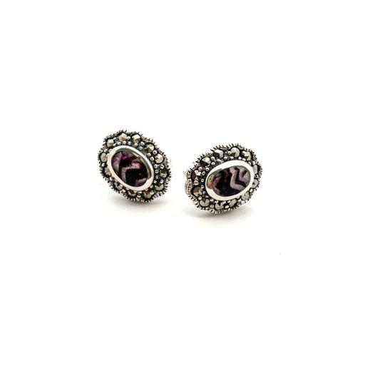 Sterling Silver Oval Derbyshire Blue John and Marcasite Edge Stud Earrings
