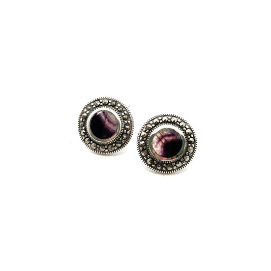 Sterling Silver Derbyshire Blue John and Marcasite Edge Stud Earrings