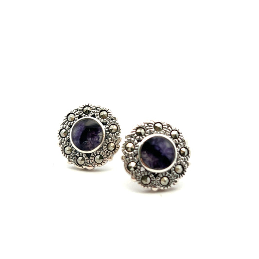 Sterling Silver Derbyshire Blue John Round and Marcasite Edge Stud Earrings