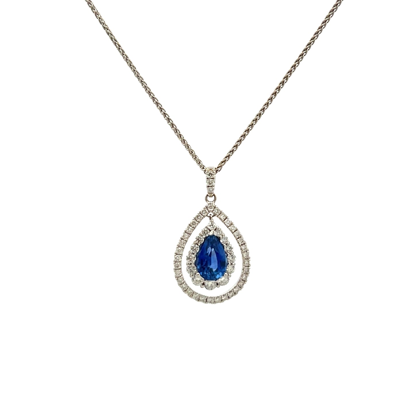 18ct White Gold Pear Cut Sapphire and Diamond Pendant
