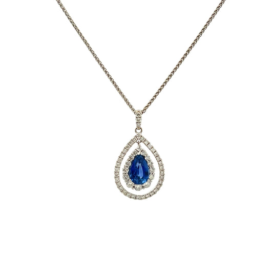 18ct White Gold Pear Cut Sapphire and Diamond Pendant
