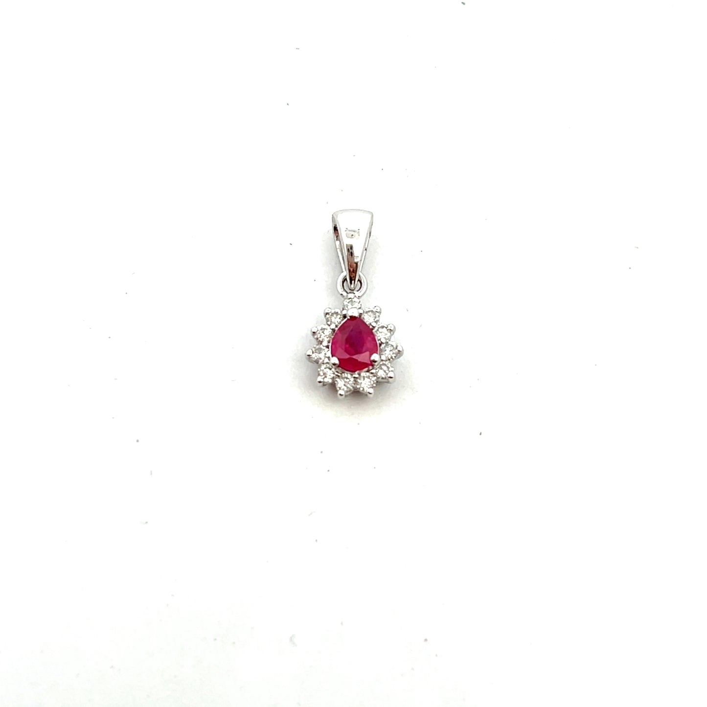 9ct White Gold Pear Cut Ruby and Diamond Pendant