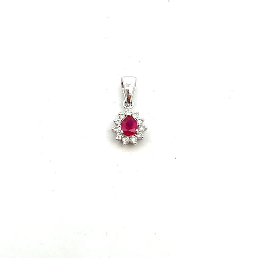 9ct White Gold Pear Cut Ruby and Diamond Pendant