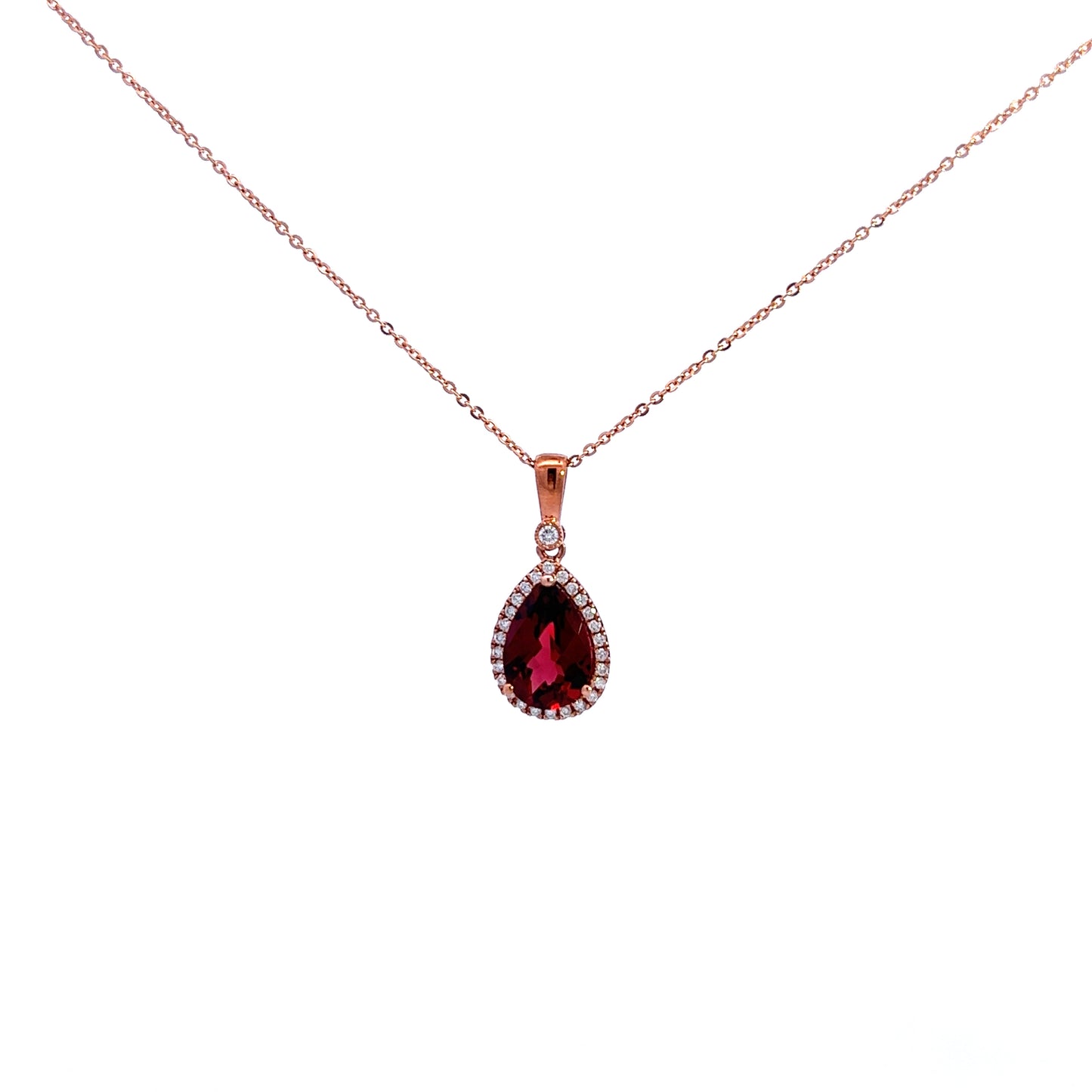 9ct Rose Gold Garnet and Diamond Pendant and Chain