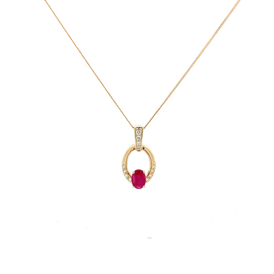 9ct Yellow Gold Oval Ruby and Diamond Necklace